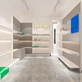 Modern Specialty Store Interior With White Shelves Orange Cabinets And Central Wooden Bench