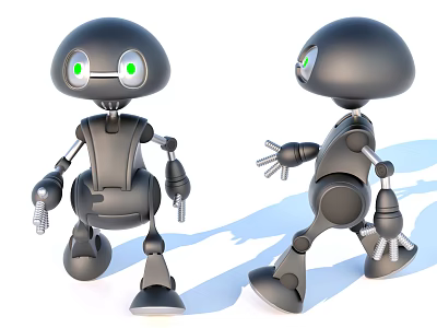 Smart Robots With Black Design And Green Eyes In Standing And Walking Poses 3d model