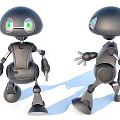 Smart Robots With Black Design And Green Eyes In Standing And Walking Poses