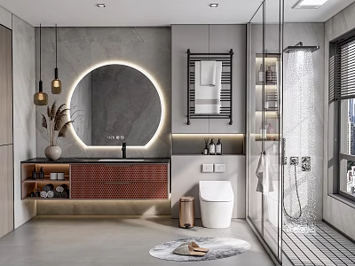 Modern Bathroom Interior With Round Backlit Mirror Wooden Vanity Glass Shower And Toilet 3d model