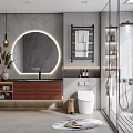 Modern Bathroom Interior With Round Backlit Mirror Wooden Vanity Glass Shower And Toilet