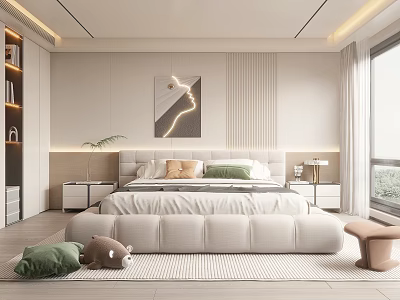 Modern Bedroom With Large Bed Decorative Painting Nightstands Plush Toys Green Cushion And Large Window 3d model