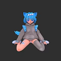 Woman With Blue Cat Ears Tail In Gray Hoodie Sitting With Bow And Gray Socks