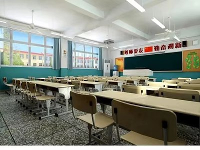 School Classroom Interior With Rows Of Desks Chairs Bright Windows Ceiling Fans And Blackboard 3d model