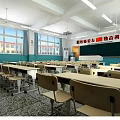School Classroom Interior With Rows Of Desks Chairs Bright Windows Ceiling Fans And Blackboard