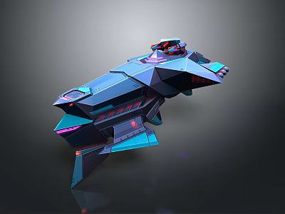 Futuristic Spaceship Model With Geometric Design And Neon Blue Purple Lights 3d model