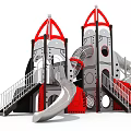 Rocket Shaped Playground Structure With Red And White Design Multiple Slides And Metal Stairs