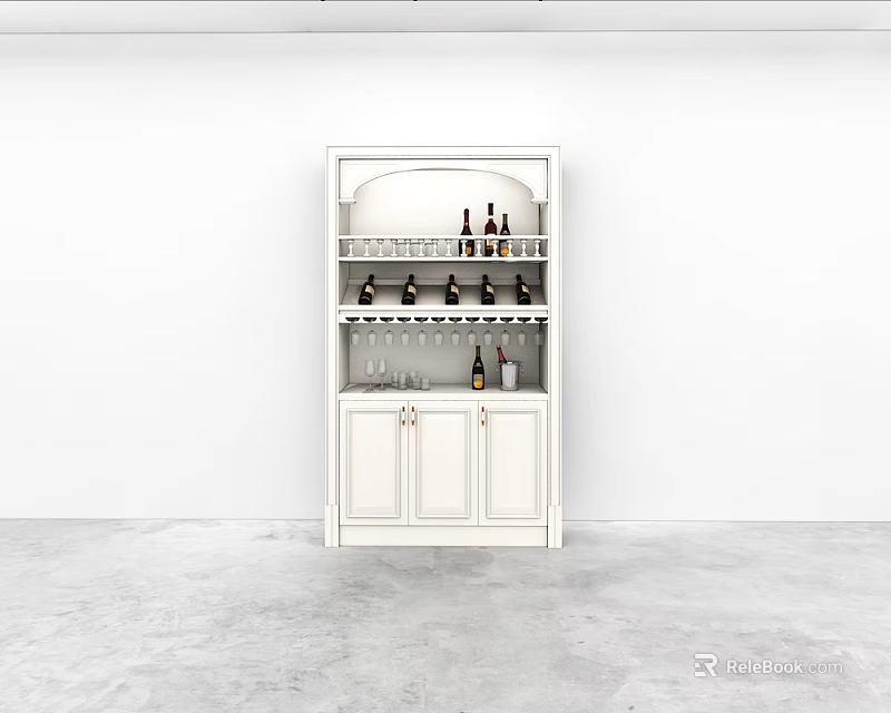 Modern White Wine Cabinet With Glassware Racks And Wine Bottles Storage Shelves 3d model 