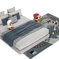 Kids Bed with Stuffed Toys Pillows and Blanket on Soft Rug with Building Blocks
