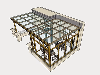 Glass Sunroom Structure With Transparent Roof Glass Walls And Indoor Seating Furniture 3d model