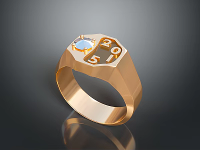Elegant Gold Geometric Ring Design With Numbers And Blue Gemstone 3d model