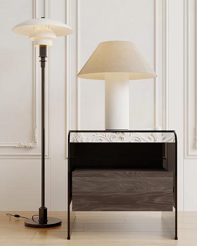 White Table Lamp with Beige Fabric Shade on Carved Nightstand Against White Paneled Walls 3d model