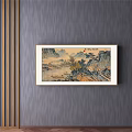 Traditional Chinese Landscape Painting With Misty Mountains Pine Trees And Framed On Gray Wall