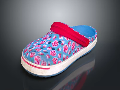 Comfortable Blue Casual Slippers With Pink Floral Print Red Strap White Sole 3d model