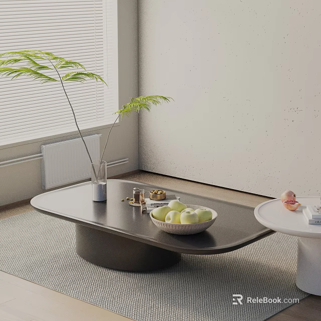 Modern Living Room Sofa and Coffee Table Set With Green Plant And Fruit Bowl 3d model 