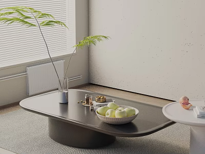 Modern Living Room Sofa and Coffee Table Set With Green Plant And Fruit Bowl 3d model