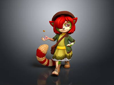 Cartoon Character With Red Hair Cat Ears Brown Hat Green Cardigan Yellow Dress Striped Tail 3d model