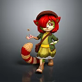 Cartoon Character With Red Hair Cat Ears Brown Hat Green Cardigan Yellow Dress Striped Tail