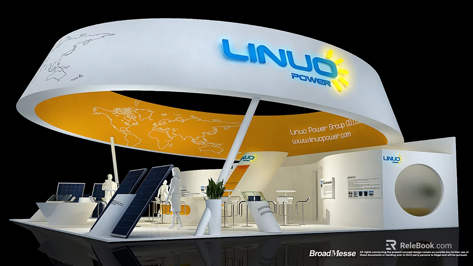 LINUO POWER Exhibition Booth With White Yellow Arch Shaped Roof And Solar Panels 3d model 