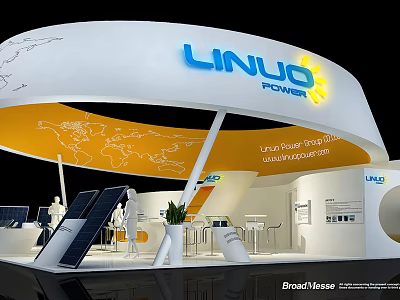 LINUO POWER Exhibition Booth With White Yellow Arch Shaped Roof And Solar Panels 3d model