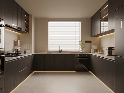 Modern Kitchen Interior Design With Dark Cabinets Blinds Lighting And Integrated Appliances 3d model