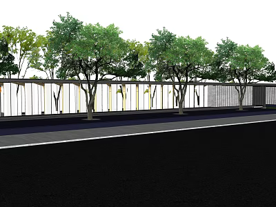 Modern Entrance Gate Design With Green Trees And Fence Along Roadside 3d model