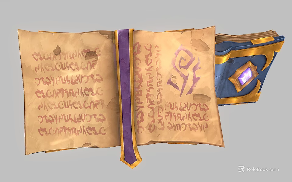 Ancient Book with Handwritten Script Purple Ribbon and Blue Ornament Featuring Purple Gem 3d model 