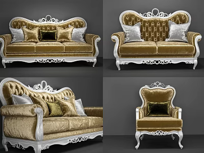 Luxurious Velvet Sofa Set With Carved White Frame And Decorative Pillows 3d model