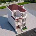 European Style Detached Villa With White Exterior Red Roof And Front Steps Surrounding Green Trees
