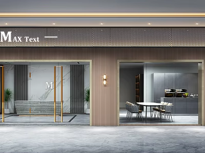 Contemporary Storefront Entrance With MAX Text Signage Glass Doors Wooden Walls And Metal Frames 3d model