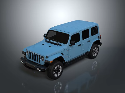 Light Blue Jeep Four Door SUV Featuring Square Body Design And Black Wheels 3d model
