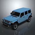 Light Blue Jeep Four Door SUV Featuring Square Body Design And Black Wheels