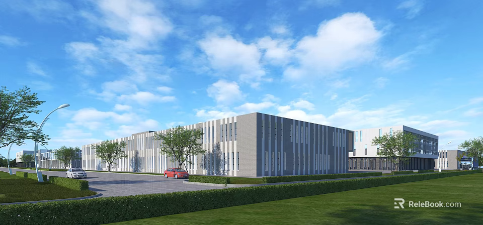 Modern Industrial Factory Exterior With Striped Windows Lawn Hedge Red Car Blue Sky White Clouds 3d model 