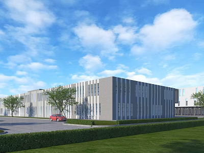 Modern Industrial Factory Exterior With Striped Windows Lawn Hedge Red Car Blue Sky White Clouds 3d model