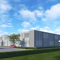 Modern Industrial Factory Exterior With Striped Windows Lawn Hedge Red Car Blue Sky White Clouds