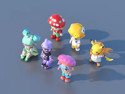 Colorful Cartoon Character Toy Figures With Mushroom Shaped And Animal Inspired Designs 3d model