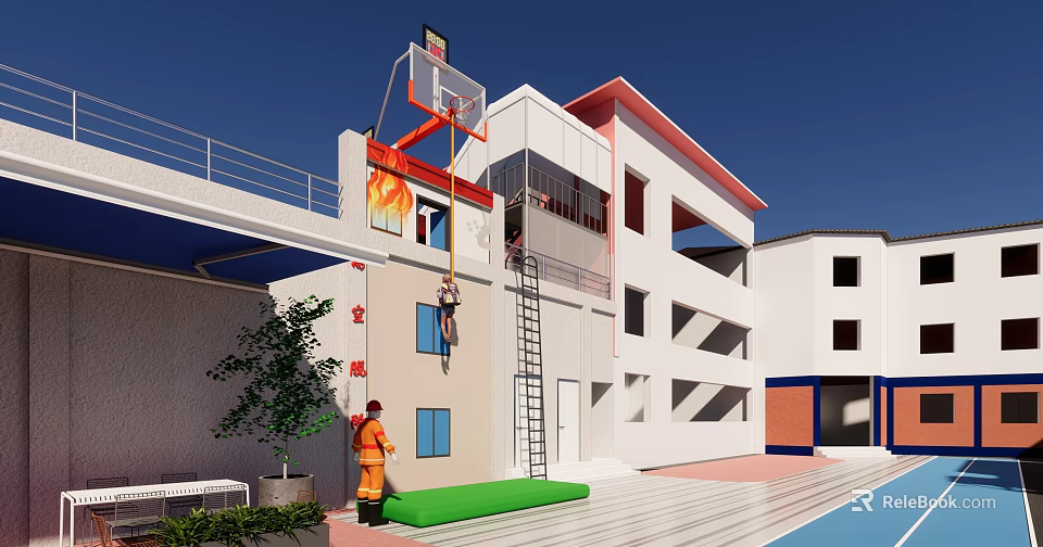 Firefighter Conducting Rescue Training On White Building With Safety Mat And Ladder 3d model 
