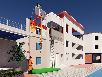Firefighter Conducting Rescue Training On White Building With Safety Mat And Ladder 3d model