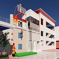Firefighter Conducting Rescue Training On White Building With Safety Mat And Ladder