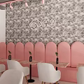 Modern Bubble Tea Shop Interior With White Chairs Round Tables Bread Display And Pink Lights