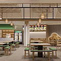 Modern Oriental Restaurant Interior With Wooden Screens Lantern Lights Green Benches And White Columns