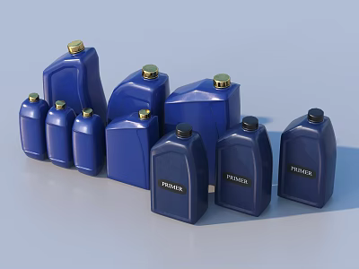 Blue Household Bottles with POLICE Label Various Sizes and Gold Black Caps 3d model