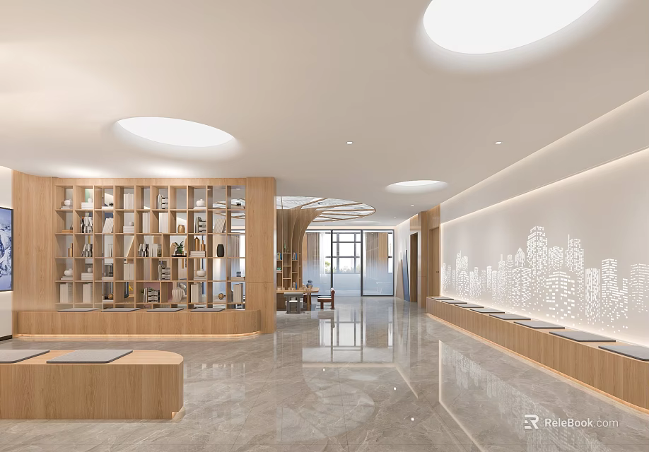 Book Art Interior Design With Wooden Bookshelves Circular Ceiling Lights Marble Floor And City Decor 3d model 