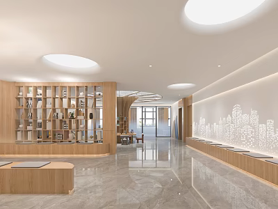 Book Art Interior Design With Wooden Bookshelves Circular Ceiling Lights Marble Floor And City Decor 3d model
