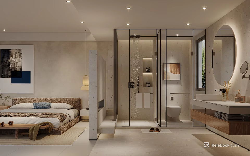 Modern Hotel Room Interior With Bedroom Bathroom Glass Shower Recessed Lighting And Neutral Tones 3d model 