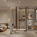 Modern Hotel Room Interior With Bedroom Bathroom Glass Shower Recessed Lighting And Neutral Tones