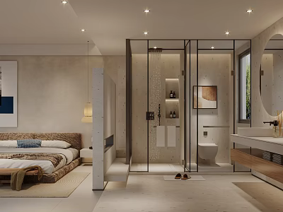 Modern Hotel Room Interior With Bedroom Bathroom Glass Shower Recessed Lighting And Neutral Tones 3d model