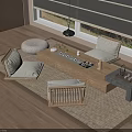Natural Style Tea Table and Chairs with Cushions Woven Rug and Tea Set by Window