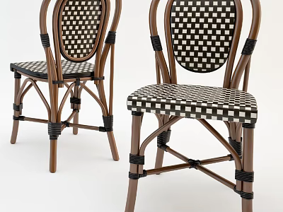 Classic Single Chair With Black And White Checkered Seat And Wooden Frame 3d model