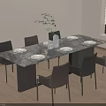 Modern Dining Table Set with Marble Top Six Chairs Tableware Vase and Green Foliage